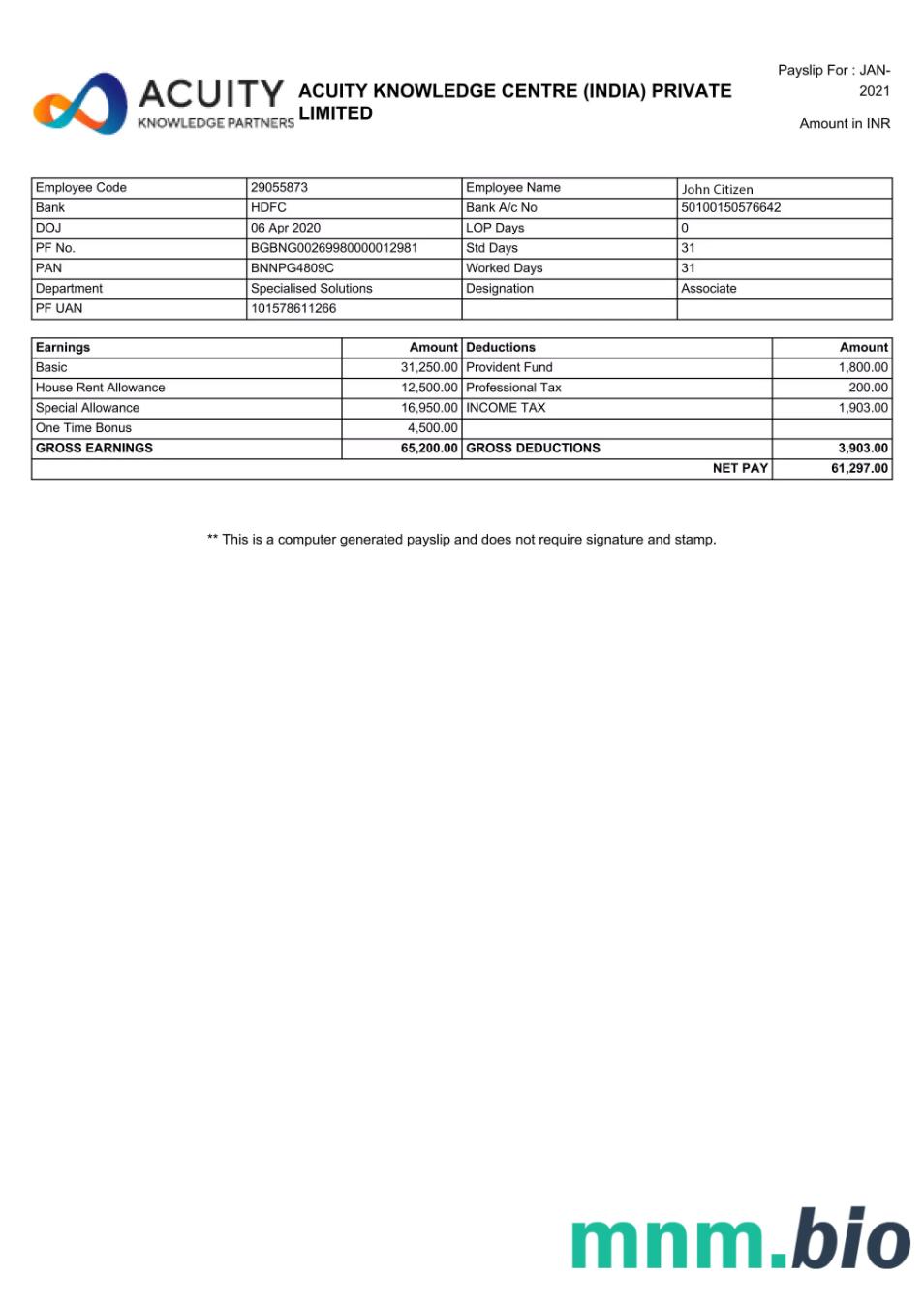 Indie Acuity Knowledge Centre Private Limited payslip w formatach Word i PDF
